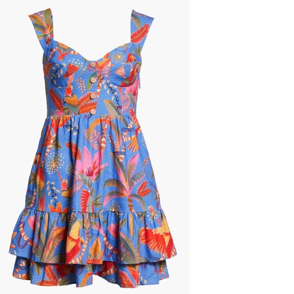 NWT $180 FARM Rio Macaw Party Tiered Linen Blend Fit & Flare Minidress! - Picture 7 of 10